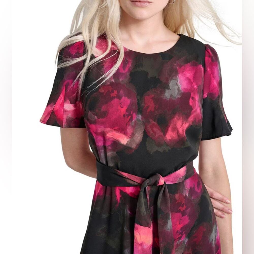 Donna Karan DKNY Printed Woven Crew Neck Short Godet Sleeve A-Line Dress Size 10 - Picture 4 of 5